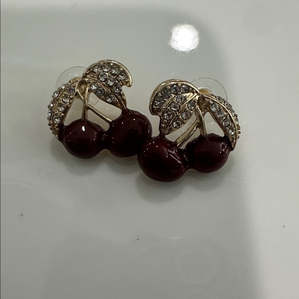 Elegant Gold and Red Cherry Earrings - Picture 3 of 6